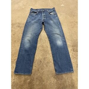 Levis 501 Jeans Mens 35x30 Medium Wash Blue Straight Leg Button Fly Distressed